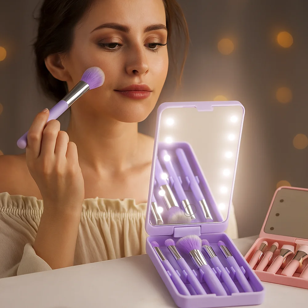 Rotatable Mirror Travel Makeup Brush with Light USB Rechargeable Adjustable Brightness Mini Cosmetic Brushes Pocket Mirror