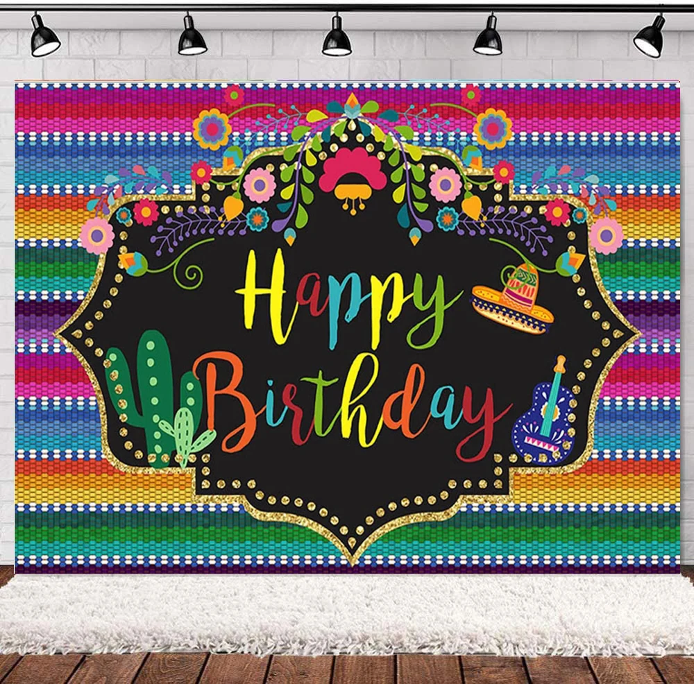 Mexican Fiesta Birthday Photography Backdrop Color Stripes Cinco De Mayo Party Decor Festival Background Cactus Banner Event