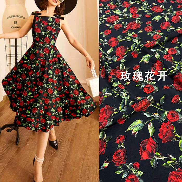 Black Base Red Rose Floral Print Silk Stretch Crepe De Chine Fabric Mulberry Silk Material For Dresses 140cm Wide Blouse