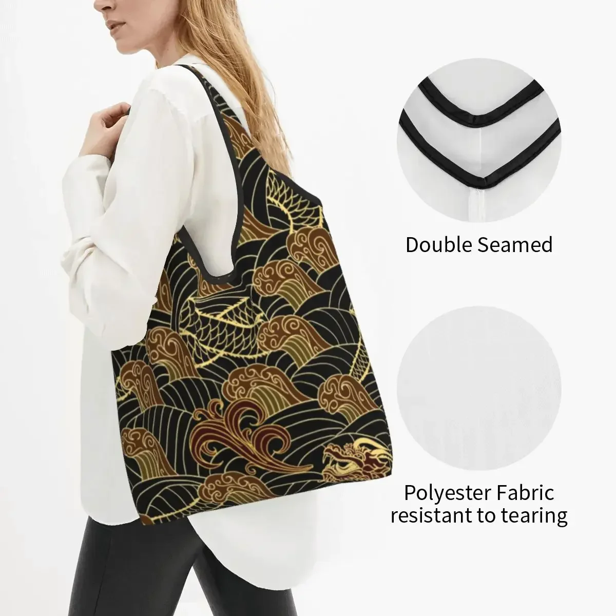 Fashion Print Gold Dragon Pattern Shopping Tote Bag Portable Shoulder Shopper Oriental Mythical Handbag