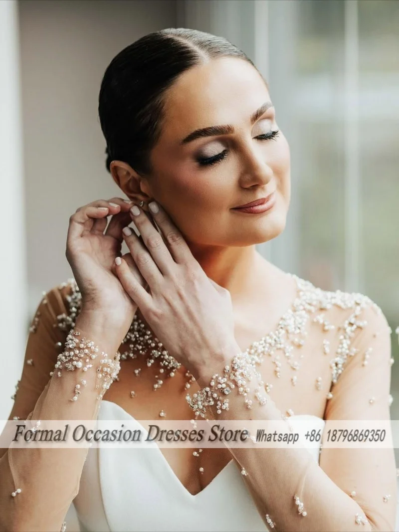 Elegant Wedding Dress Long Sleeves O Neck Satin Beading Pearls A Line Bridal Gowns French Vestido De Novia Customized 2026