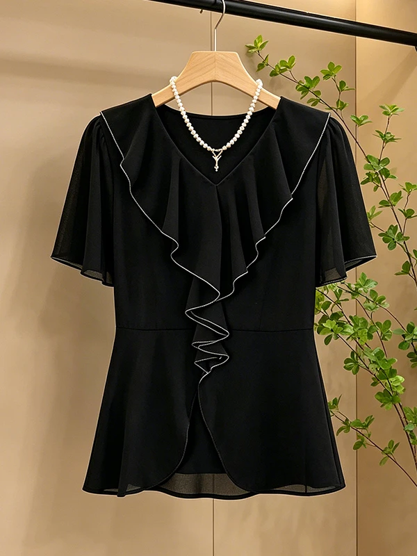 

plus Size Women's Summer New Style V-Neck Casual Loose Slimming Short Sleeve Chiffon Top Fashionable Versatile Korean Commute...