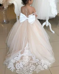 Lace Champagne Flower Girl Dress For Wedding White Long Sleeve With Bow Tulle Kids Princess First Communion Dresses Ball Gowns