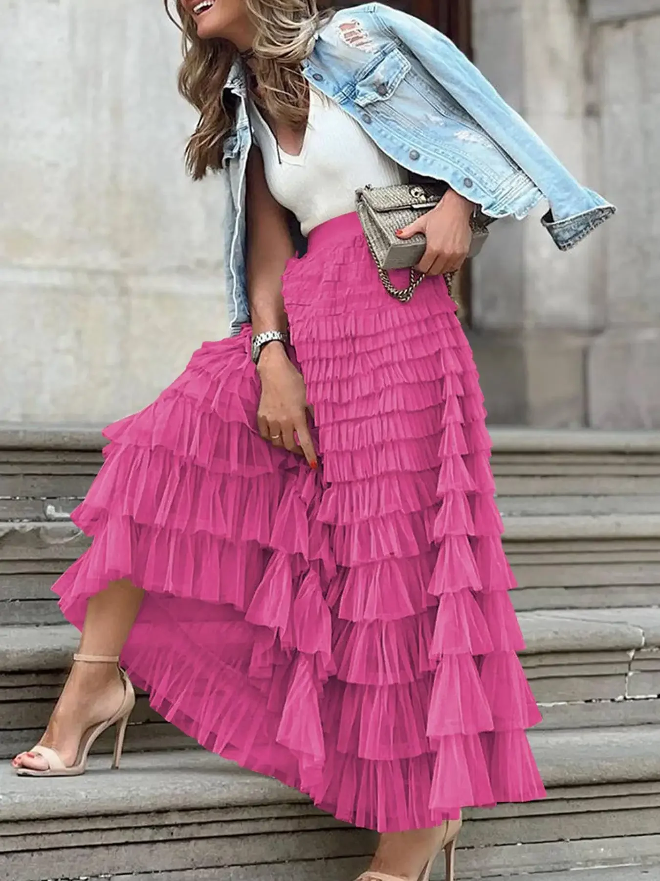 

Women Irregular Mesh Cake Skirts Fashion Elastic High Waist Sweet Princess Party Tiered Tulle Midi Skirts