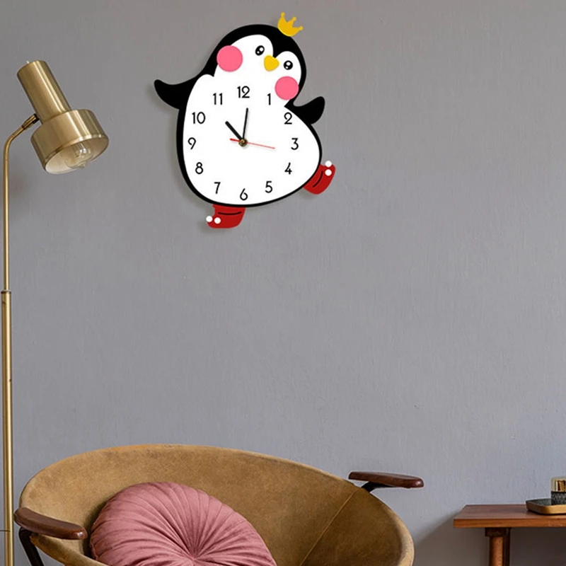 Cute Penguin Cartoon Wall Clock Silent Movement Nursery Bedroom Kids Room Wall Art Decor Color Printed Wall Watch