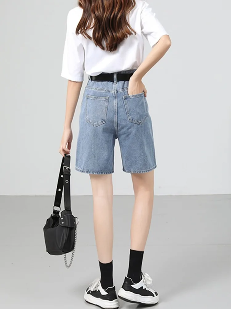 FINEWORDS Summer Beach High Waist Straight Shorts Jeans Women Korean Casual Denim Shorts Streetwear Vintage Loose Bermuda Shorts