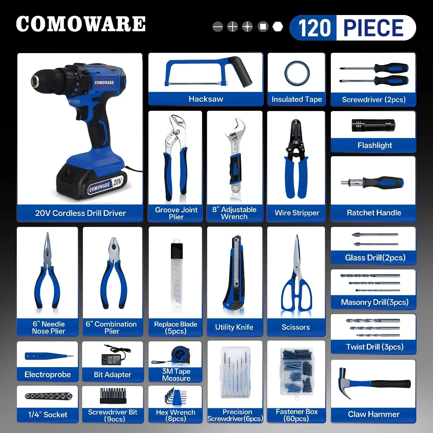 Household Tool Set with 20V Cordless Drill Driver, 120Pcs Hand Tool Kit for Men, Power Drill Set with Plastic Toolbox, Ideal for