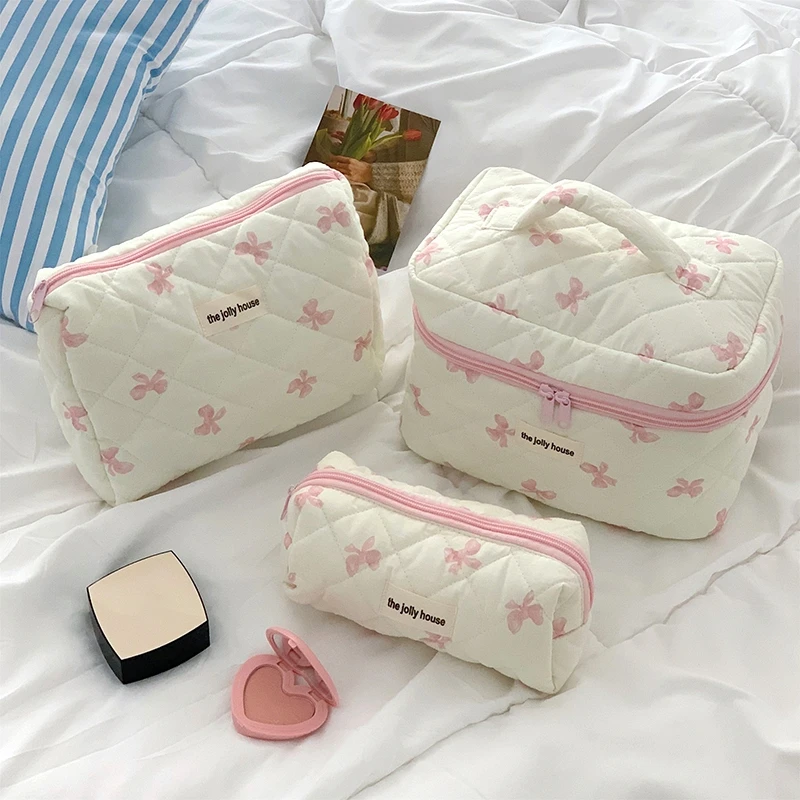 2024 Pink Bowknot Cosmetic Bag for Women Quilting Makeup Bag with Zipper Portable Organizer Female Girls Handbag Toiletry Pouch