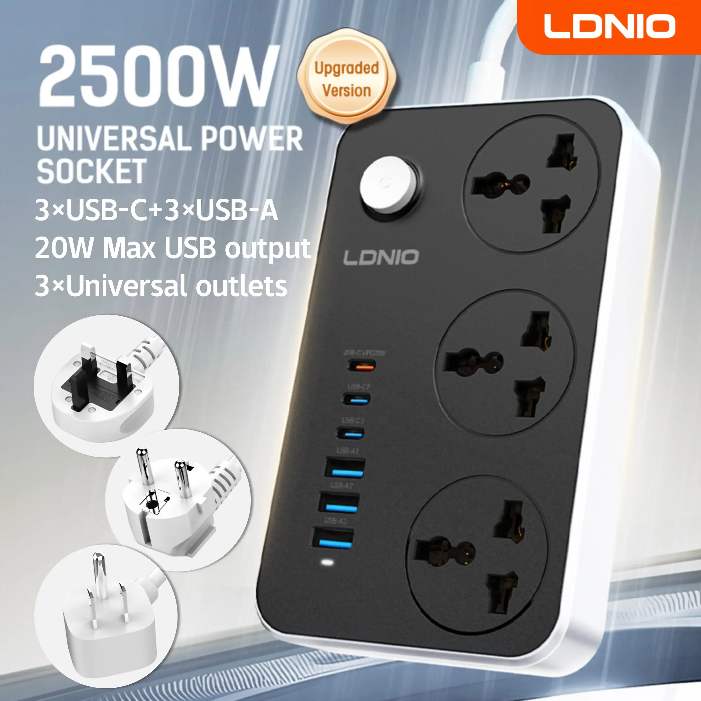 LDNIO قطاع الطاقة العالمي TypeC 6 منفذ USB 3 طريقة مخرج تيار متردد 2 متر تمديد مقبس الطاقة تهمة مقبس كهربائي الاتحاد الأوروبي الولايات المتحدة المملكة المتحدة التوصيل
