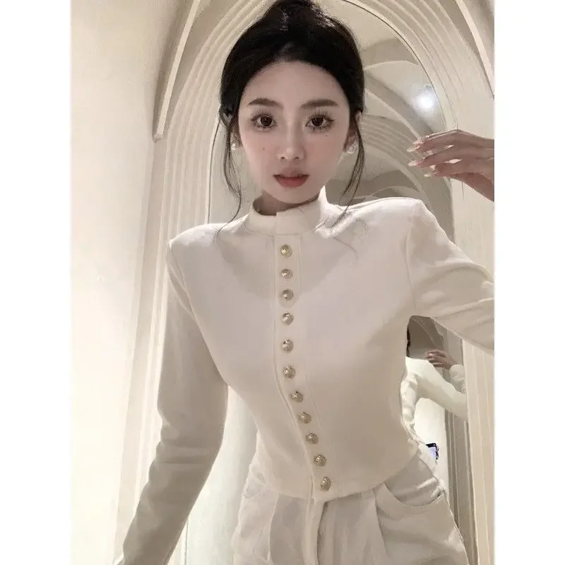 

Тонкие темпераментные металлические свитера с высокой талией для женщин, сексуальный черный кардиган, короткая одежда Y2k, новинка