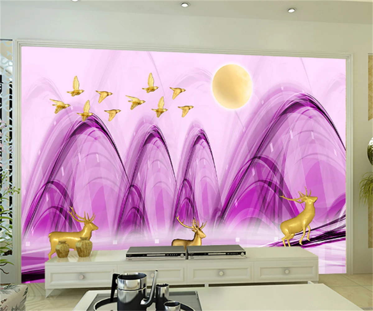 Customize any size 3D wallpaper mural purple ripple abstract mountain peak elk flying bird living room hotel background wall