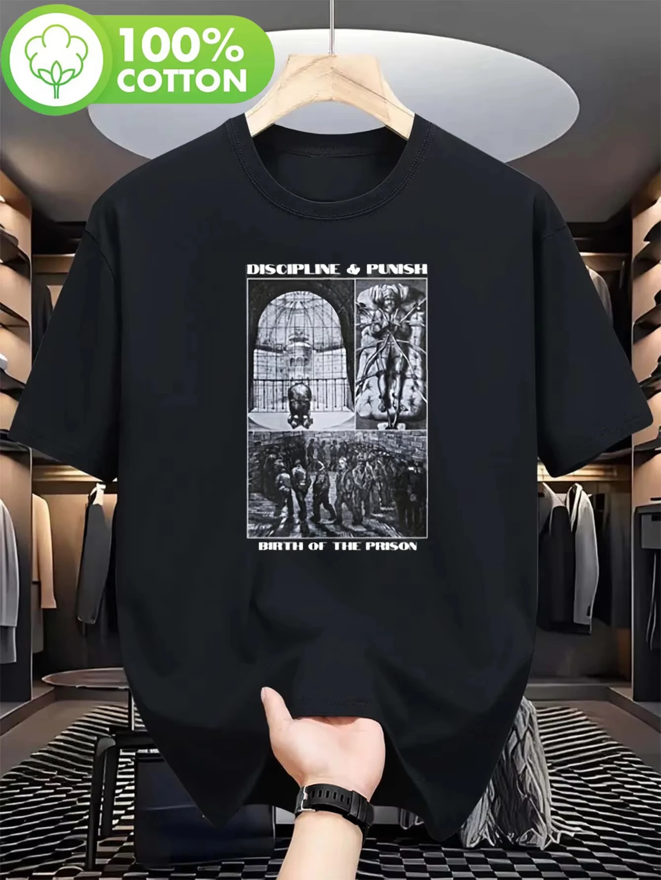 T-shirt imprimé sur le thème de la philosophie de Foucault « Discipline et Châtiment », un choix pour les passionnés de philosophie adulte, T-shirt classique imprimé