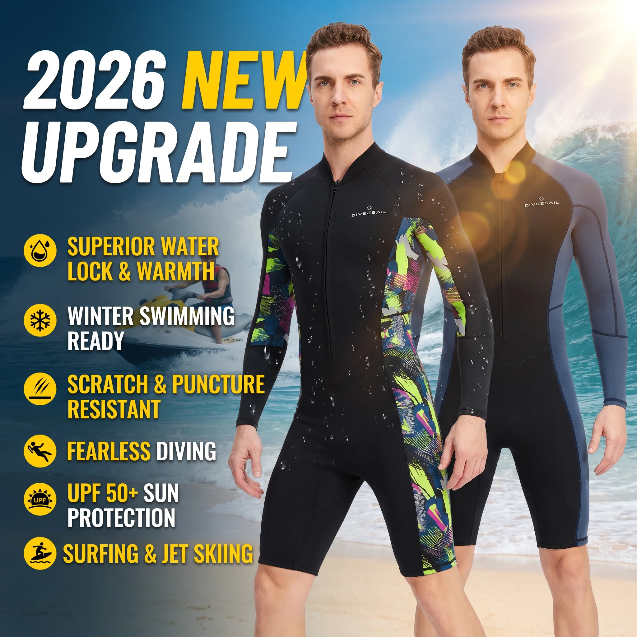 2026 New Upgrade 1.5mm Neoprene Shorty Mens Wetsuit UV-proof Front Zip Lycra Long Sleeves Diving Suit For Underwater Snorkeling