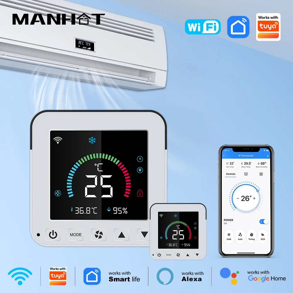 

For Tuya WiFi Thermostat Air Conditioner IR Temperature Humidity Infrared LCD Control Touch Screen USB Power Google Home Alex
