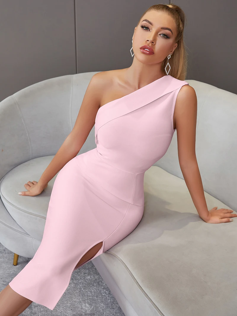 Wholesale Women\'s Stretch Knit Pink Elastic Tight Mid-Length Sexy One Shoulder Evening Celebrity Cocktail Party Bandag Dress