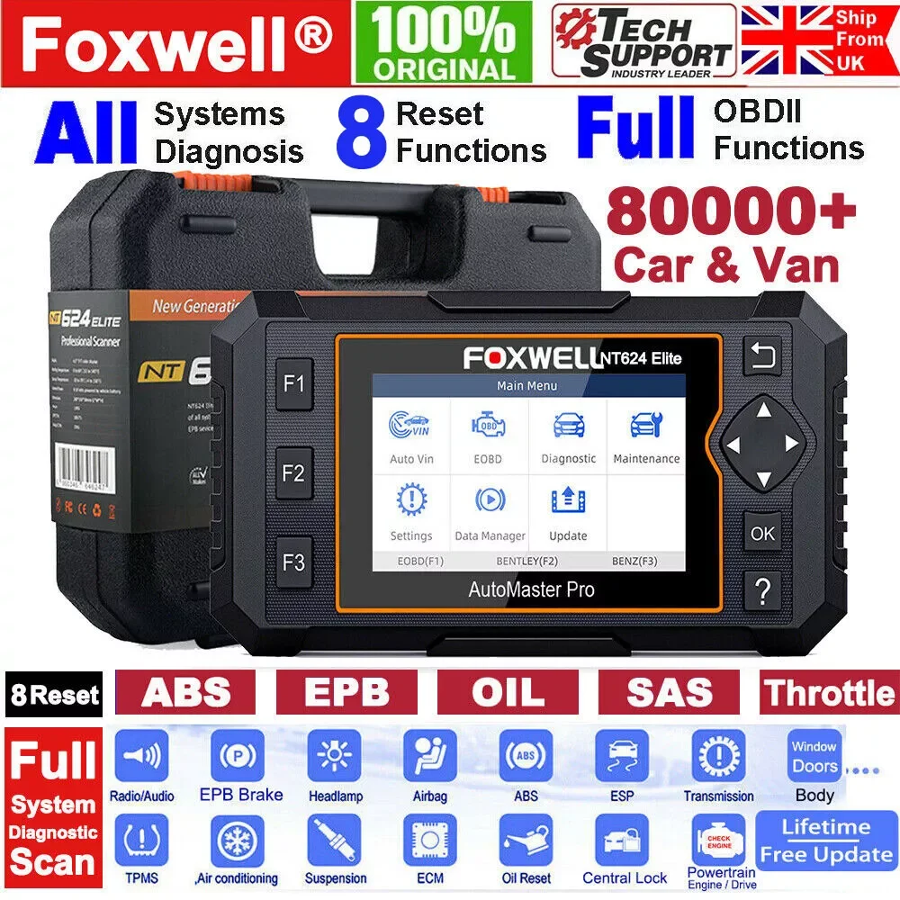 

Новинка 2024, сканер Foxwell NT624 Elite OBD2, диагностические инструменты, считыватель кода автомобиля для всех систем, ABS TPMS EPB 8, сброс OBD 2, автоматический сканер