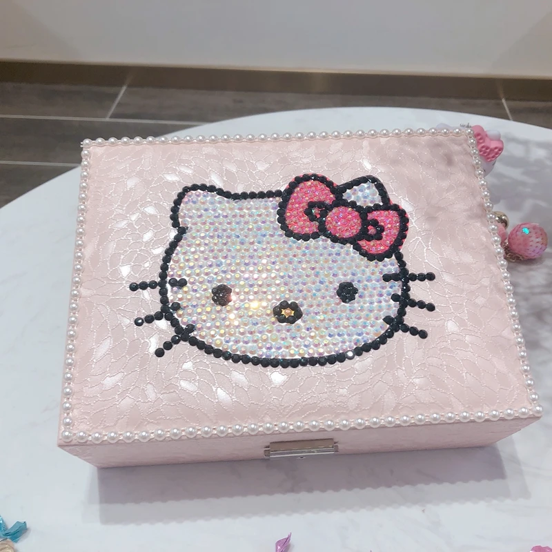 Sanrio Double Layered Jewelry Box Sticky Diamond Kitty with Lock Cartoon Storage Box Multi Functional Cute Jewelry Box Girl Gift