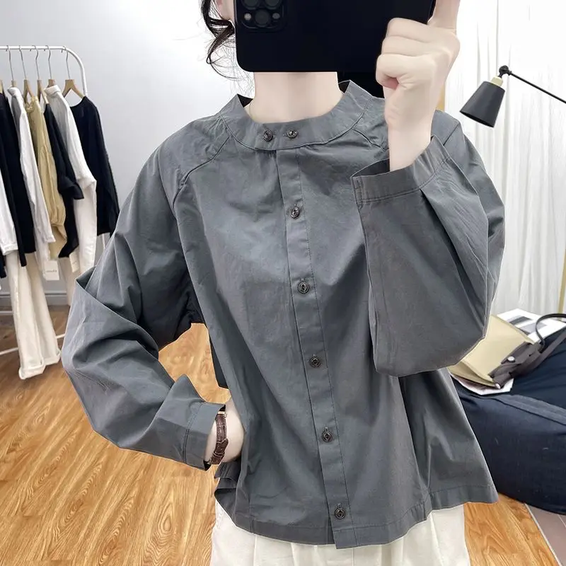قميص نسائي كاجوال بياقة واقفة وأكمام طويلة، بلوزة مكتب متعددة الاستخدامات لتقليل العمر، بلوزة ربيع الخريف
