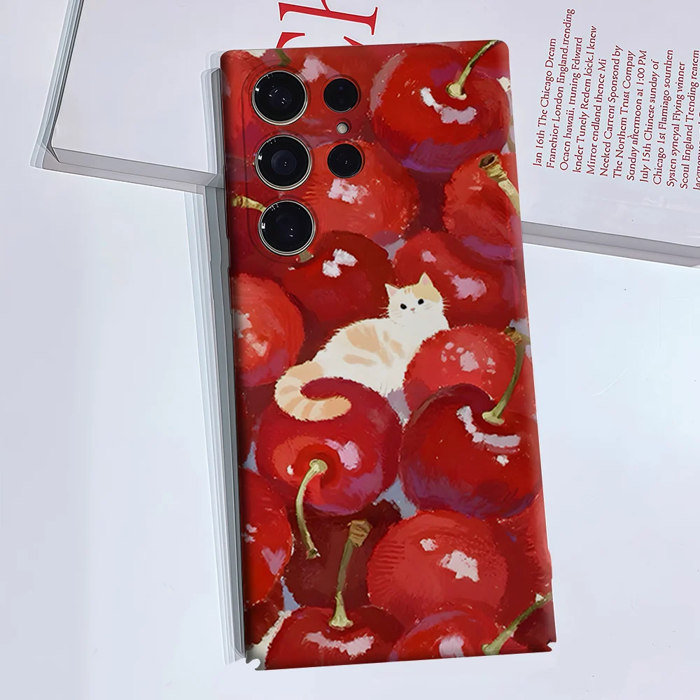 Cat Cherries Oil Painting For Samsung Galaxy S26 S25 S24 A56 A36 Dual Layer Luxury Fashion Full Lens Protective Case