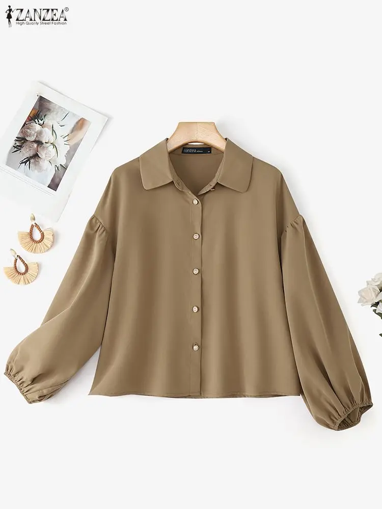 

2025 ZANZEA Fashion Women Shirts Long Lantern Sleeve Solid Blouses Autumn Lapel Buttons Casual Tunic Loose Elegant Office Tops