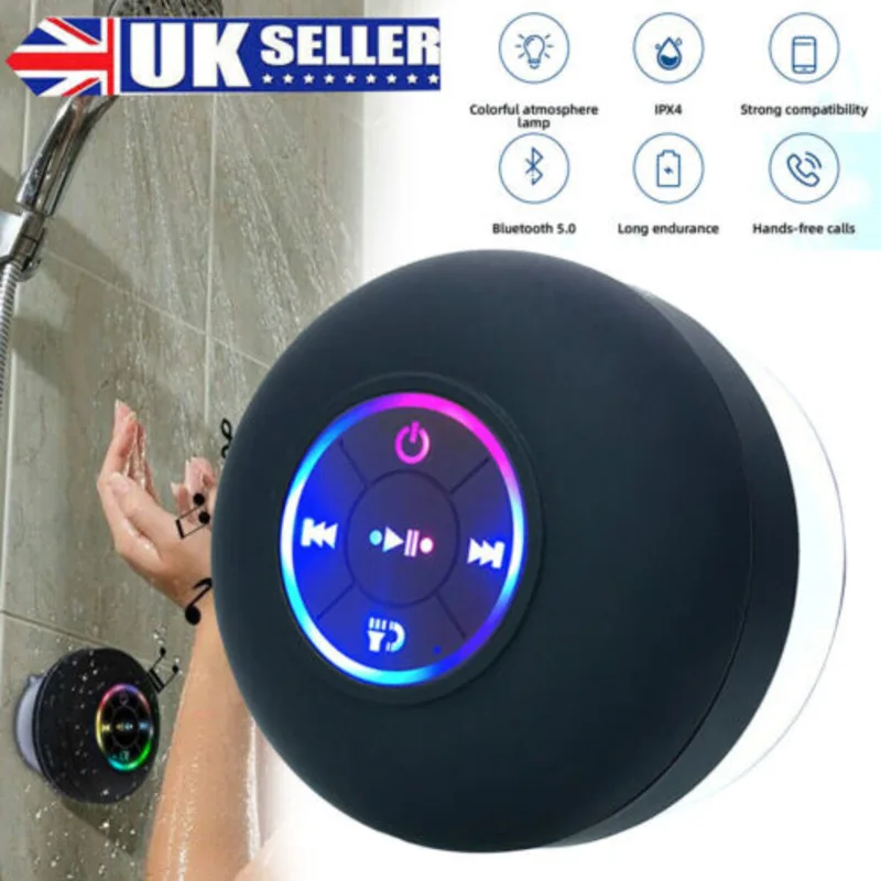 Portable Wireless Bluetooth Speaker Waterproof Suction For Shower Bathroom Black