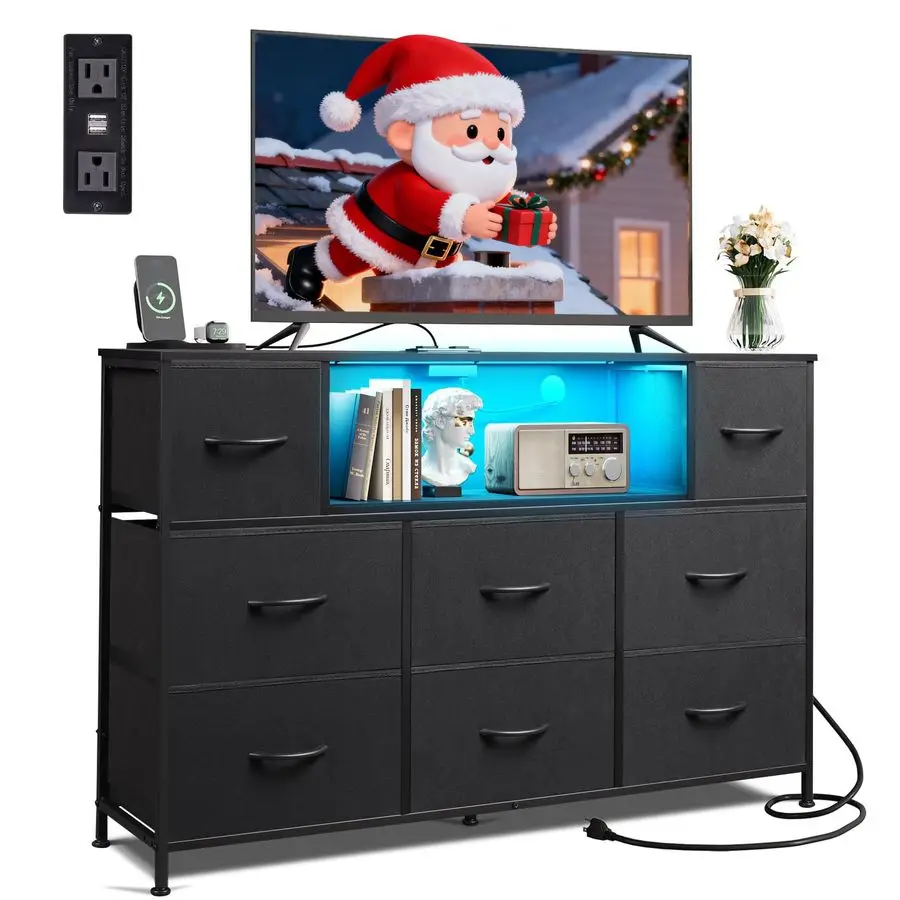 

Black Dresser TV Stand for 45, 50, 55 inch TV, Entertainment Center with LED Lights amp Charging Station, Chest of Drawers with