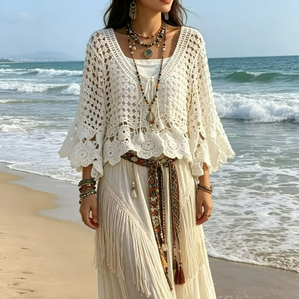 Bohemian Style Crochet Lace V Neck Cardigan Beachwear Style Openwork Tassel Short Cardigan