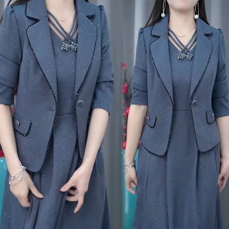 Casaco blazer elegante high-end e vestido longo para mulheres, vestido feminino OL temperamento, terno feminino de meia idade, primavera e outono, 2 peças