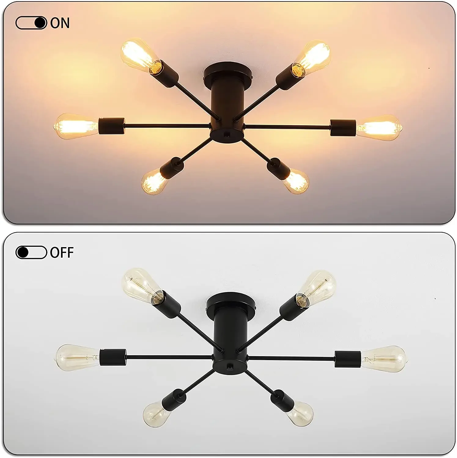 6-Light Semi Flush Mount Ceiling Lights Kitchen Lighting Brass Gold and Matte Black Metal Ceiling Lamp for Bedroom Living Room