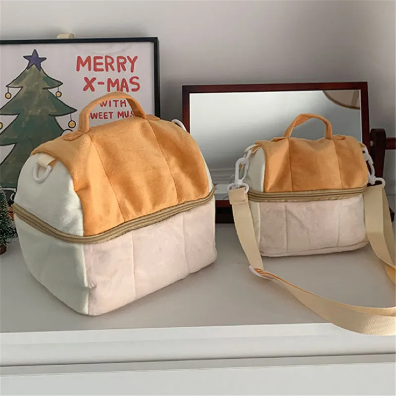 

Womens Cosmetic Bag Cartoon Portable Large Capacity Handbag Cute Toast Shape Soft Crossbody Makeup Plush Bag Girls