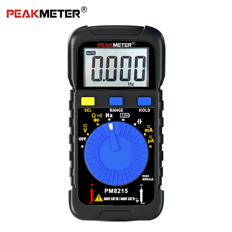 

Портативный цифровой мультиметр Peakmeter PM8215 с диапазоном измерения напряжения 600В и тока 400мА, 4000-разрядным дисплеем, автоматическим определением диапазона, зуммером и диодным тестером