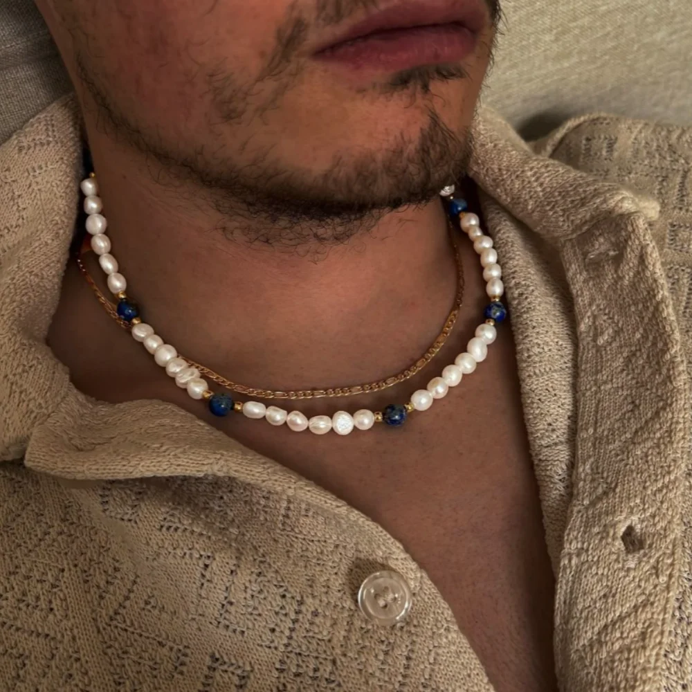 

Retro Baroque Pearl Necklace Set for Men Punk Gold Color Metal Clavicle Chain Natural Stone Beads Splicing Choker Jewelry