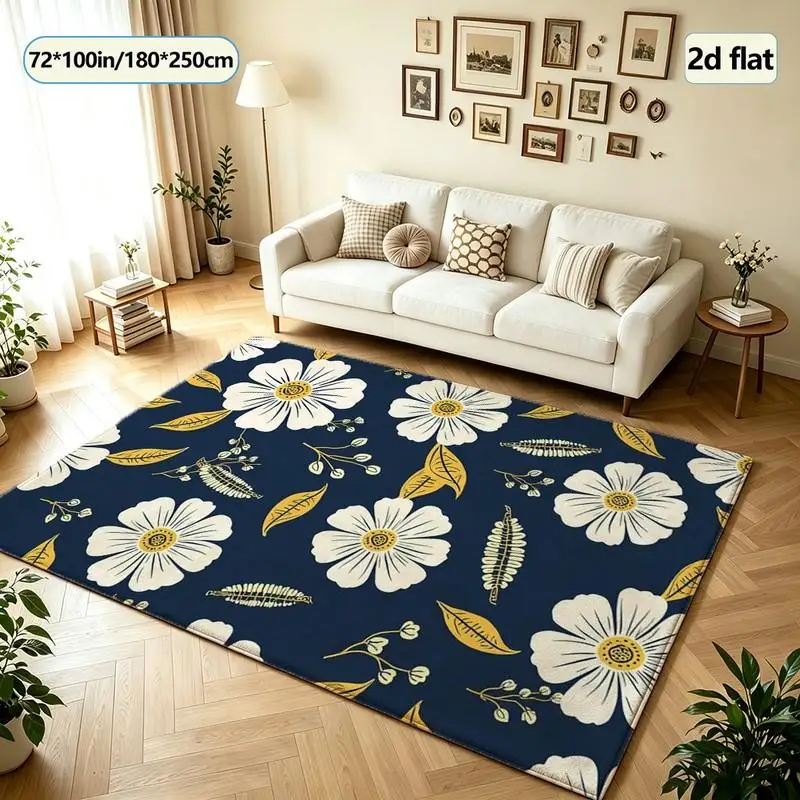 Navy Blue and White Floral Print Carpet, Vintage Square Carpet Suitable for Bedroom, Kitchen, and Home Floor Decoration