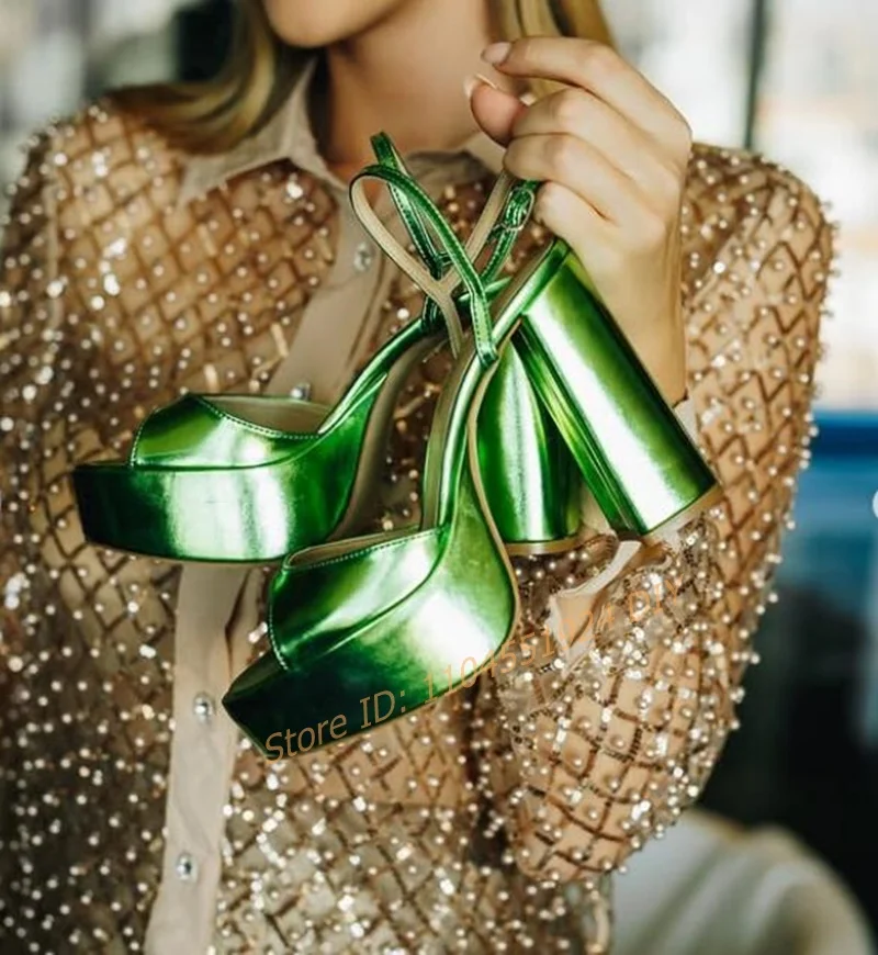 

Металлические зеленые босоножки на платформе с открытым носком на высоком толстом каблуке с ремешком на щиколотке для женщин, сексуальные вечерние туфли для вечеринок