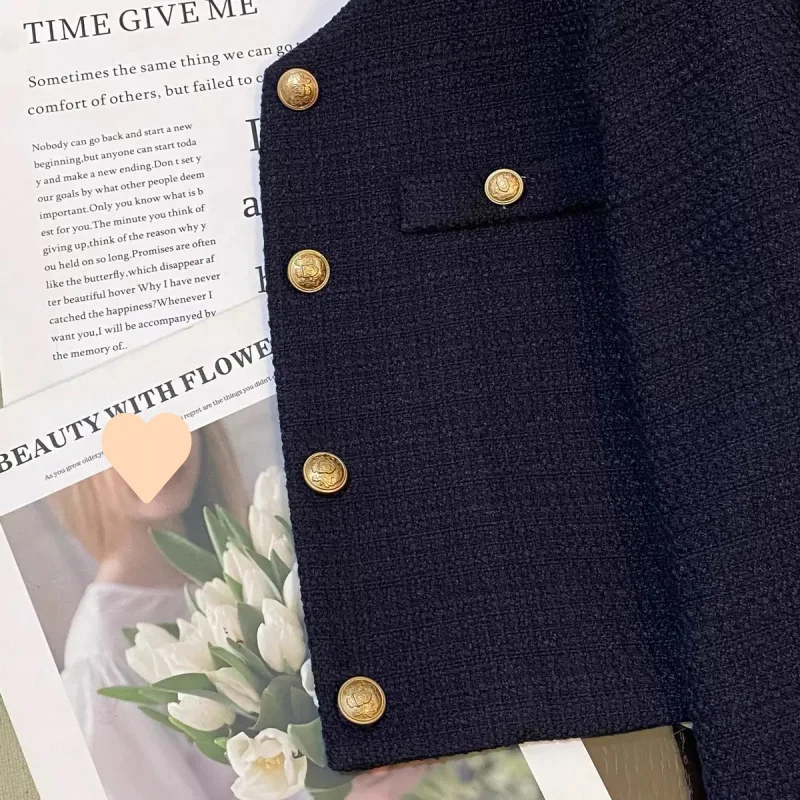 Navy Blue Short Jacket for Women Fashion Striped Patchwork Long Sleeve Coat Woman Spring Autumn French Gold Button Tweed Jacket 4 Navy Blue Short Jacket for Women Fashion Striped Patchwork Long Sleeve Coat Woman Spring Autumn French Gold Button Tweed Jacket 4