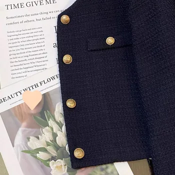 Navy Blue Striped Tweed Blazer for Women 4 Navy Blue Short Jacket for Women Fashion Striped Patchwork Long Sleeve Coat Woman Spring Autumn French Gold Button Tweed Jacket 4