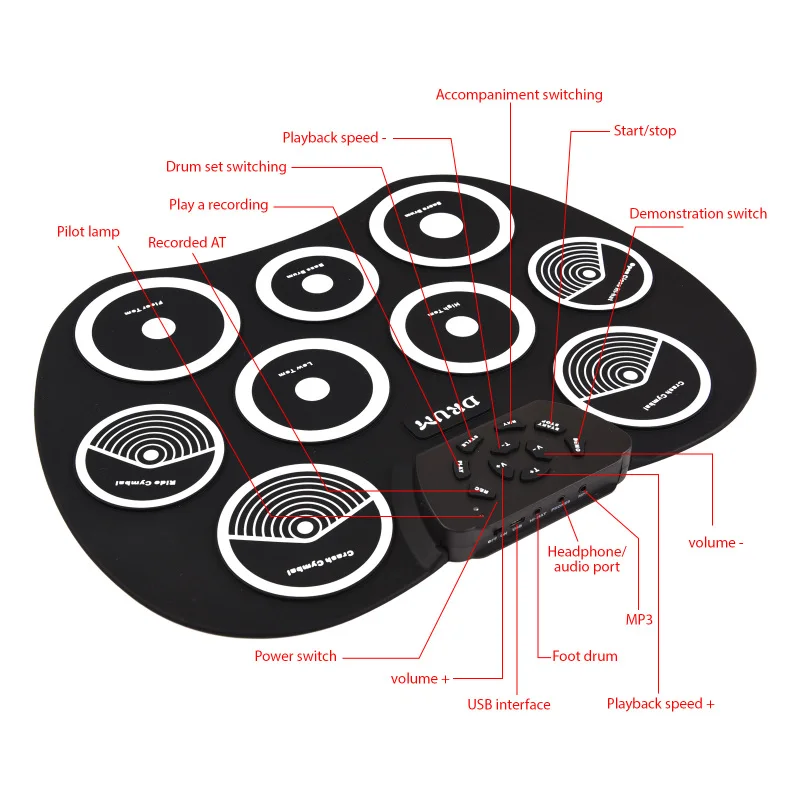 Conjunto de bateria eletrônica, bateria laminada à mão, interface midi de 9 almofadas, suporta jogos dtx, conjunto de bateria portátil, presentes com pedais de baquetas