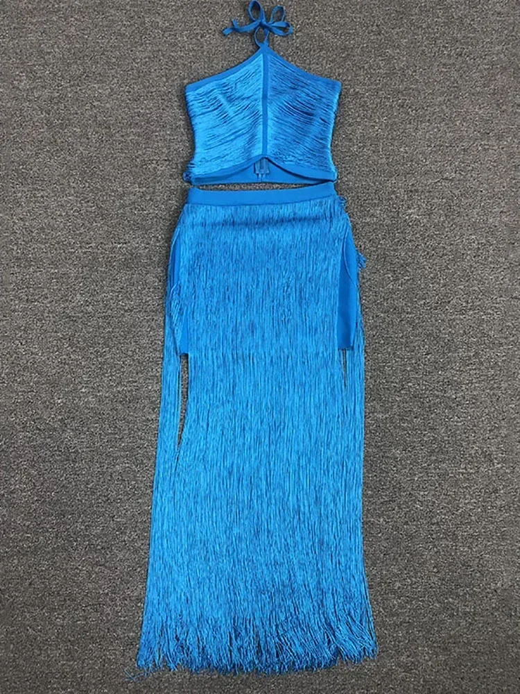 2025 sexy borla design conjunto de duas peças feminino azul halter sem costas colheita superior + franja bandagem saia ternos festa à noite clube conjuntos