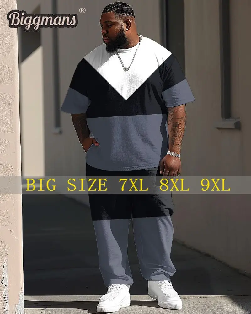 Biggmans L-9XL Plus Size T-Shirt Set Street Simple Color Block Printing Large Man Suit