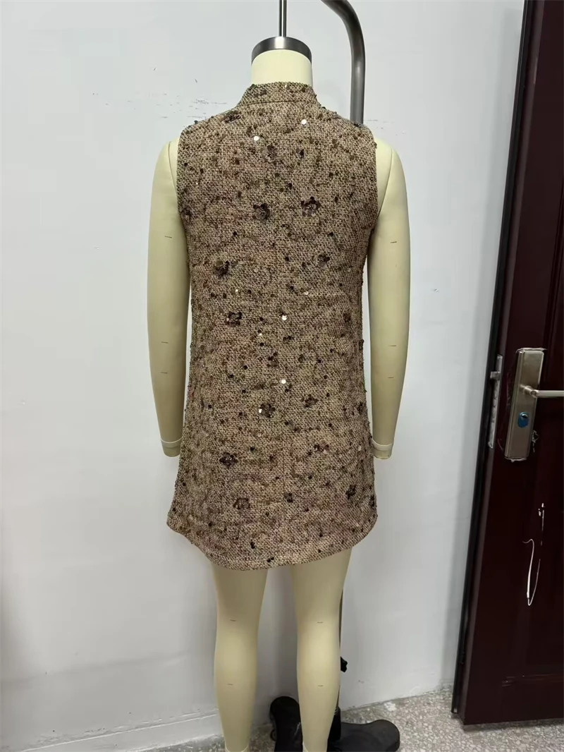 KEYANKETIAN 2025, neues ärmelloses Minikleid mit Pailletten und Tweed-Textur, Retro-Stil, Stehkragen, Damen-Pullover, A-Linien-Kleider
