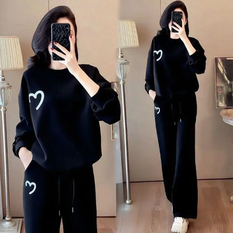 Women Heart Print Loose Sweatshirt Wide Leg Pants 2 Piece Casual Tracksuit Plus Size Outfit