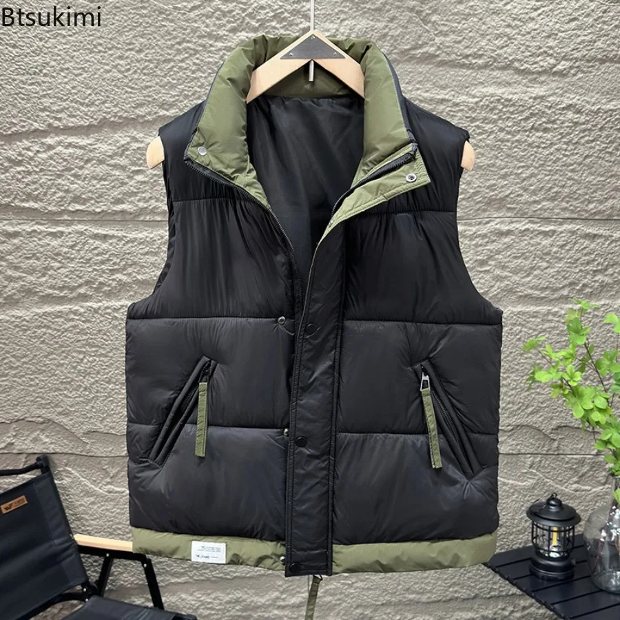 New Men's Casual Warm Sleeveless Vest Coats Mock Neck Thicken Windproof Jackets Winter Colorblock Down Cotton Vest Men and Women