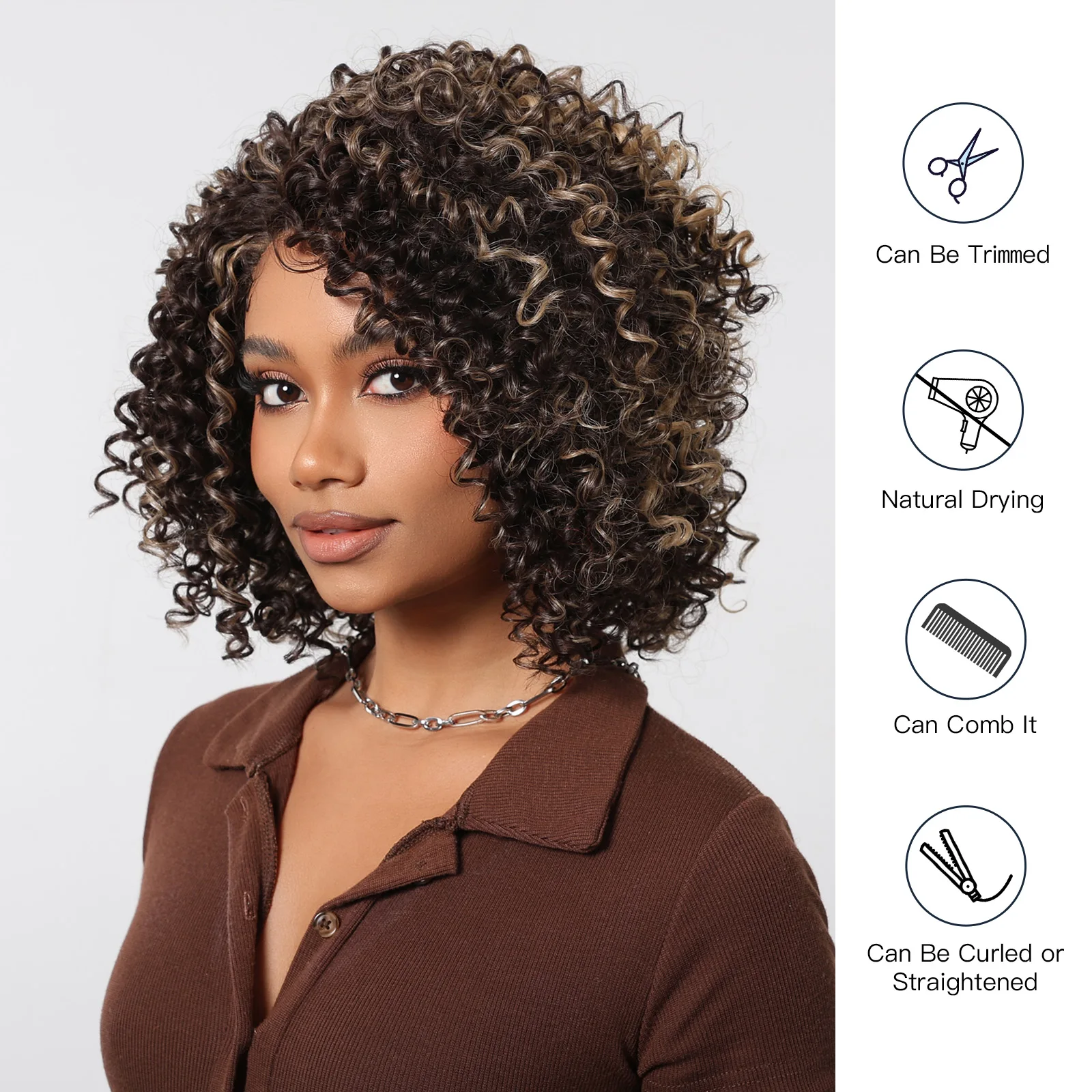 Afro Kinky Curly Lace Frontal Synthetic Wigs Natural Black Highlight Blonde Wigs Short Curly Bomb Wig Full Hair for Women Brazil