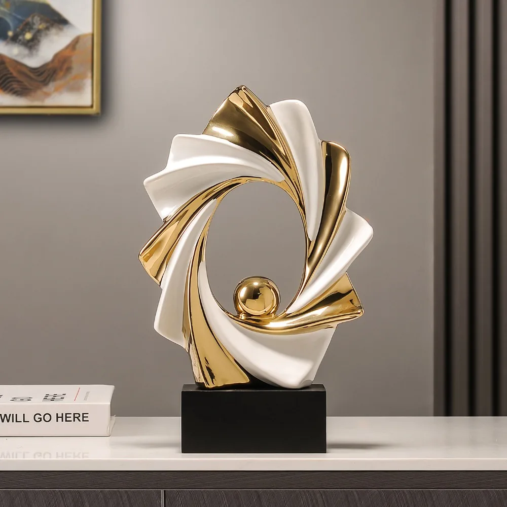 Modern Abstract Ceramic Sculpture White Gold Swirl Statue with Black Base Luxury Desktop Ornament for Living Room Decor Gift