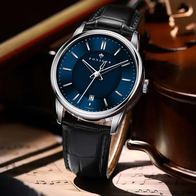

PONIGER Luxury Brand Men's Sapphire Crystal Mirror Leather Band Automatic Watches For Men Business