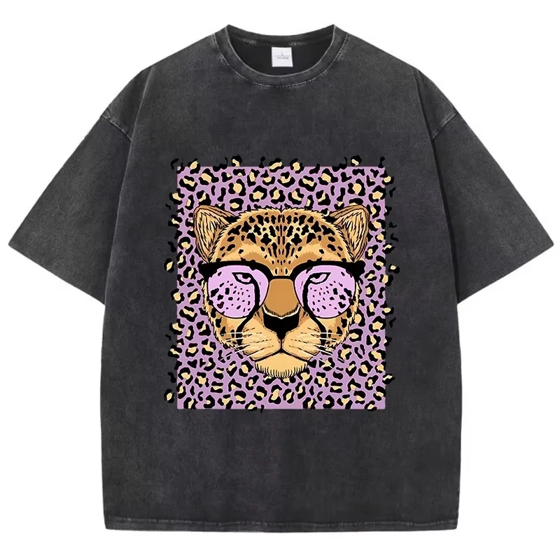 Süßes Leoparden-Cartoon-Grafik-T-Shirt Acid Wash Vintage Y2K Ästhetik Damen Oversized Streetwear Baumwoll-T-Shirt Kleidung Tops Hot