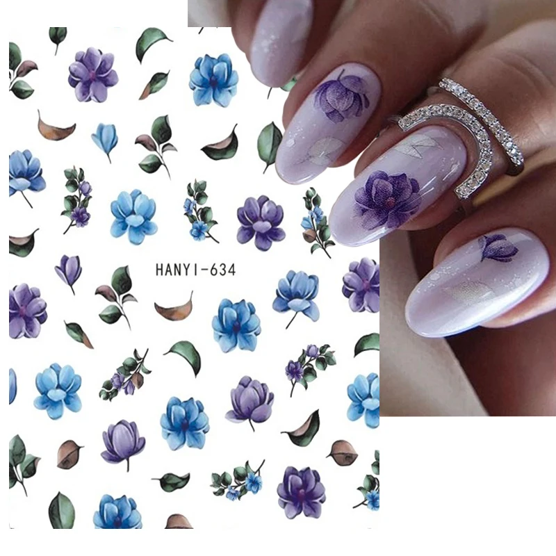 Purple 3D Nail Stickers Dark Watercolour Rose Petals Leaves Adhesive Sliders Nail Art Decoration For Nail Manicure Decals