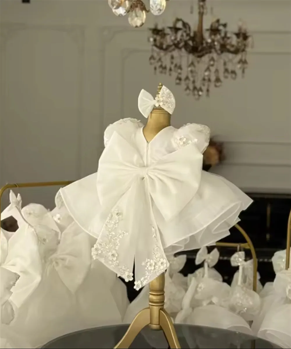 Luxury White Flower Girl Wedding Dress Appliques Floral with Bow Princess Birthday Party Pageant Dress Kids First Communion Gown