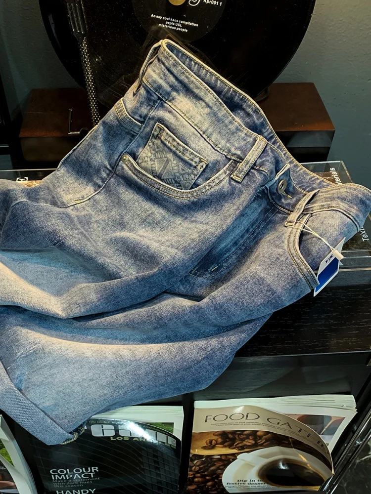 High-End Men's Summer Shorts Men's Fashion Printing Straight-Leg Denim Fifth Pants2024New Stretch Capri Pants