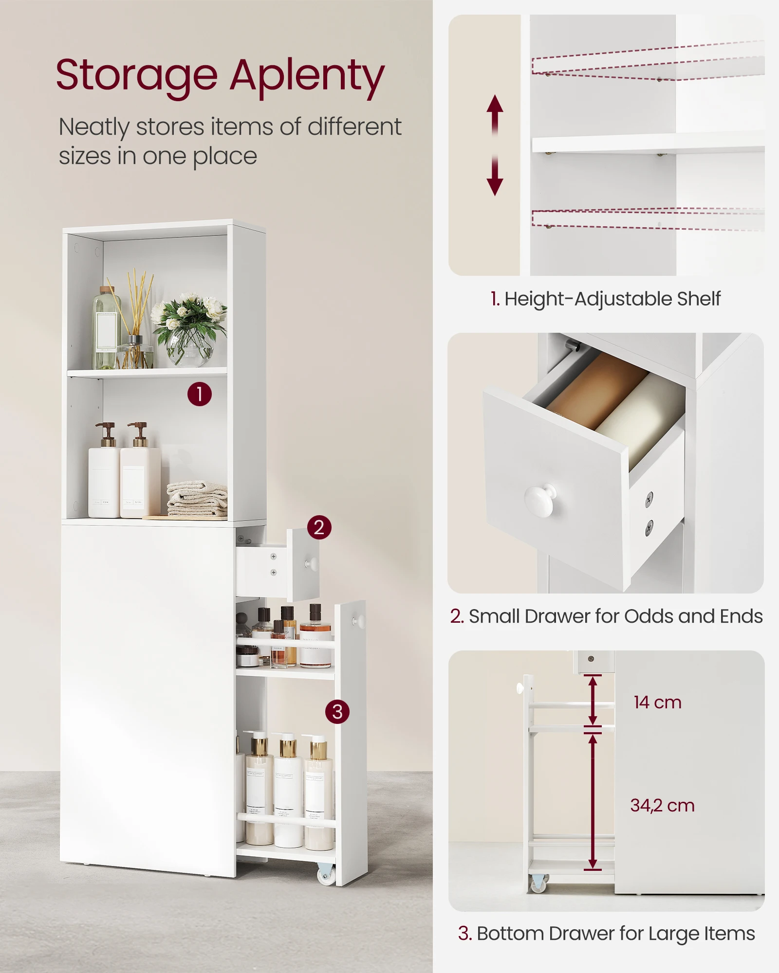 VASAGLE Tall Bathroom Cabinet, Slim Bathroom Storage Cabinet, Freestanding Narrow Storage Unit with Drawers and Adjustable Shelf